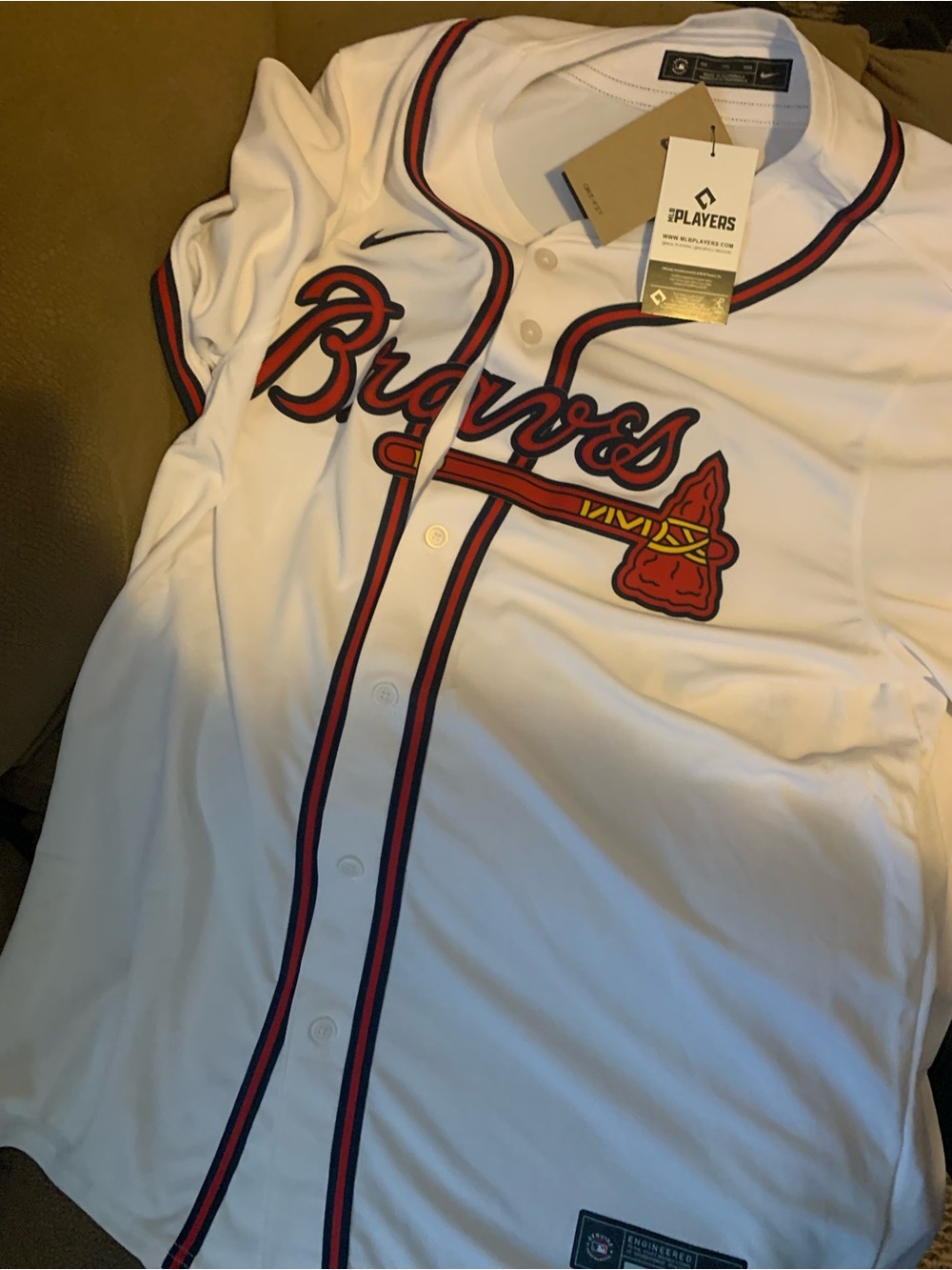 Nike White Atlanta Braves Button-Up Jersey with Red and Navy Trim